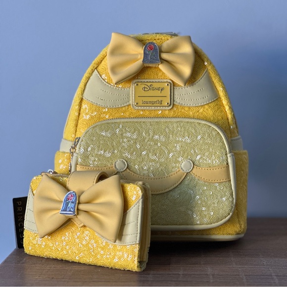 Loungefly Handbags - Sold-Loungefly Disney Belle Sequin Mini Backpack Beauty and the Beast Wallet NWT